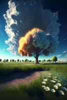 Noon. A green grassland. A tall flaming tree in the middle. . photo