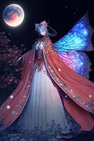 Butterfly Girl Spotlight shines on a dark background. . photo