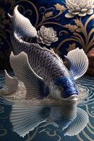 tradicional chino estilo azul y blanco koi pez. generativo ai. foto