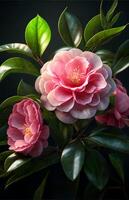 Pink camellias on the branches. . photo