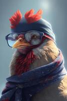 Digital art of a sitting chicken wearing sunglasses. . photo