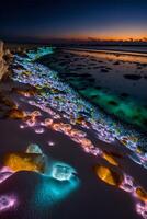 Night Sea side Coconut tree Green lawnBeach Star Galaxy. photo