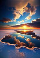 azul cielo y blanco nubes puesta de sol reflexión. generativo ai foto