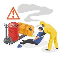 No safety No protection careless worker lose consciousness in Toxic waste Hazardous Waste Disposal store Hazard Suit come to help industry zone concept illustration isometric isolated cartoon vector