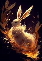 un blanco Conejo hecho de dorado llamas generativo ai. foto