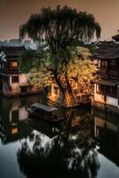 water town trees and river. . photo