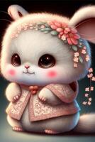 pixar style a super cute and happy white fairy rabbit. . photo