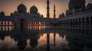 ai generativo mezquitas Hazme silueta en oscuro oro crepúsculo cielo en noche con creciente Luna en puesta de sol. árabe, eid al adha, mubarak musulmán concepto foto