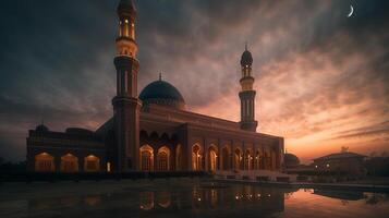 ai generativo mezquitas Hazme silueta en oscuro oro crepúsculo cielo en noche con creciente Luna en puesta de sol. árabe, eid al adha, mubarak musulmán concepto foto