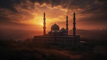 ai generativo mezquitas Hazme silueta en oscuro oro crepúsculo cielo en noche con creciente Luna en puesta de sol. árabe, eid al adha, mubarak musulmán concepto foto