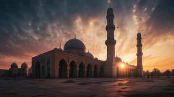 ai generativo mezquitas Hazme silueta en oscuro oro crepúsculo cielo en noche con creciente Luna en puesta de sol. árabe, eid al adha, mubarak musulmán concepto foto