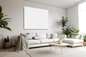 Blank White Canvas Inside of a Living Room for a Wall Art Mockup Illustration with Generative AI photo