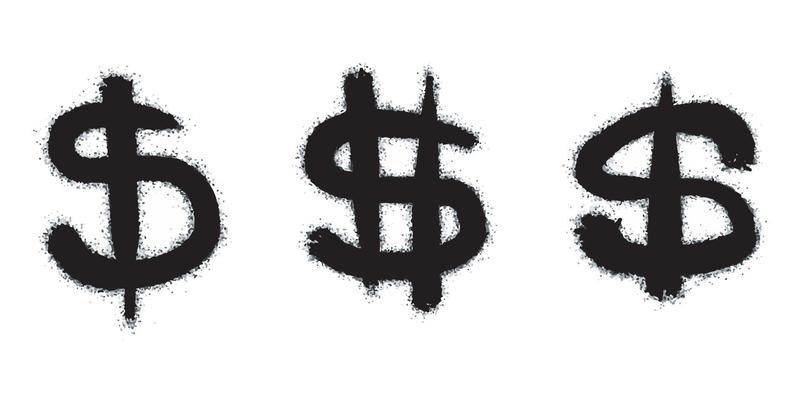 Spray painted graffiti currency in black over white. Drops of sprayed dollar icon. isolated on white background. vector illustration