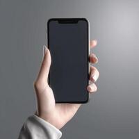 AI Generative  hand holding smartphone with blank screen on gray background. Mock up , photo