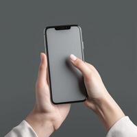 hand holding smartphone with blank screen on gray background. Mock up , photo