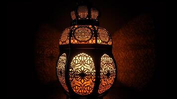 Traditional Arabic lantern in the dark. Ramadan Kareem background. Selective focus. photo