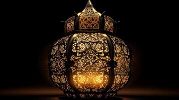 ai generativo tradicional Arábica linterna en el oscuro. Ramadán kareem antecedentes. selectivo enfocar. foto
