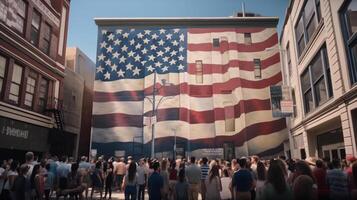 ai generativo americano bandera ondulación en el viento terminado arenisca montañas. 3d hacer foto