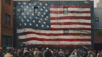 American flag waving in the wind over sandstone mountains. 3d render photo