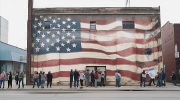 American flag waving in the wind over sandstone mountains. 3d render photo