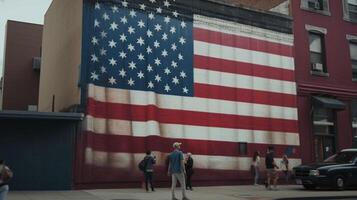 ai generativo americano bandera ondulación en el viento terminado arenisca montañas. 3d hacer foto