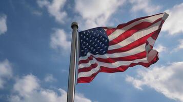 American flag waving in the wind over sandstone mountains. 3d render photo