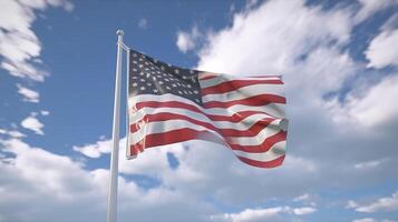 American flag waving in the wind over sandstone mountains. 3d render photo