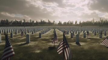 American flag waving in the wind over sandstone mountains. 3d render photo