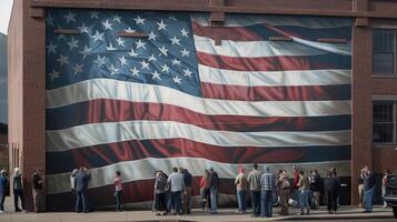 ai generativo americano bandera en grande pared. 3d hacer foto