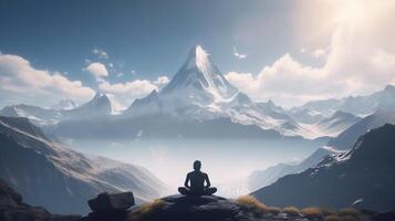 ai generativo hombre meditando en parte superior de un montaña. 3d representación foto