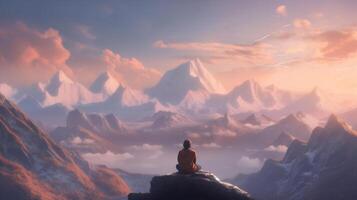 Man meditating on top of a mountain. 3D Rendering photo