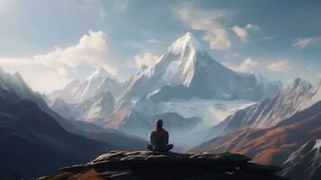 AI Generative Man meditating on top of a mountain. 3D Rendering photo
