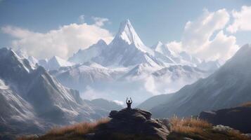 ai generativo hombre meditando en parte superior de un montaña. 3d representación foto