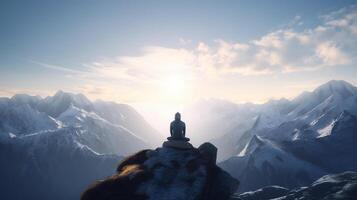 ai generativo hombre meditando en parte superior de un montaña. 3d representación foto