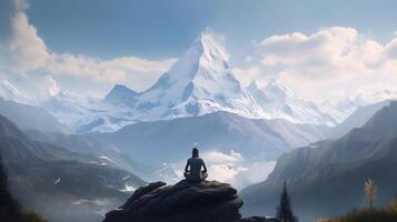 ai generativo hombre meditando en parte superior de un montaña. 3d representación foto