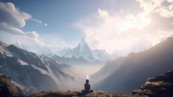 ai generativo hombre meditando en parte superior de un montaña. 3d representación foto