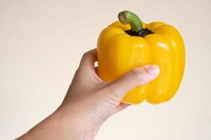 Hand holding the yellow pepper bell isolated on white background. photo