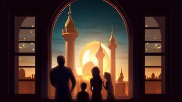 muslim family looking at mosque eid concept photo