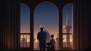 muslim family looking at mosque eid concept photo