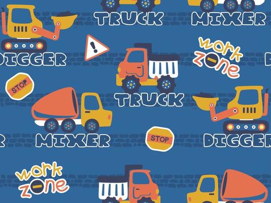 seamless pattern of construction vehicles cartoon, construction elements vector illustration