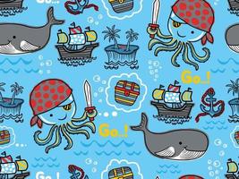 seamless pattern vector of hand drawn pirate elements cartoon with octopus and whale