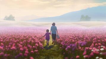 a mother holding hand of her daughter in flowers garden photo