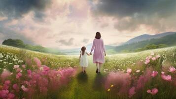 a mother holding hand of her daughter in flowers garden photo