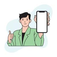 a man is holding a cell phone towards the front and thumb in his right hand vector