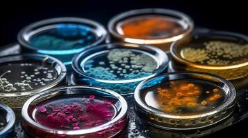 Multicolor bacteria and virus cells in petri dish at scientific laboratory. Mold culture PDA agar. Experimental for biochemistry, Biotechnology, Biology science laboratory. Generative AI photo