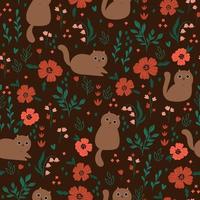 Seamless pattern with cute cats and flowers. Vector graphics.