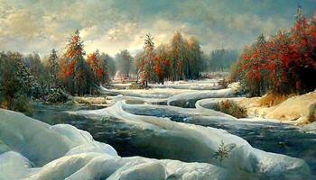 Winter christmas landscape with forest tree covered with snow holiday card background. photo