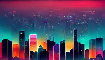 City skyline with car as retro 80s synthwave design illustration. photo