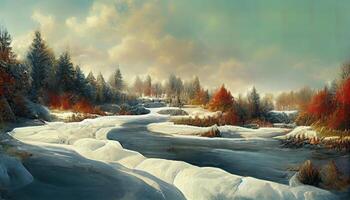 Winter landscape with snow in forest with frozen river, Detailed, colored. photo