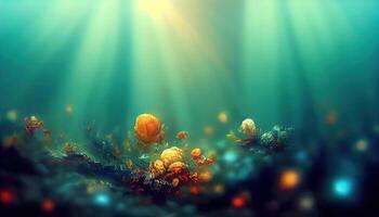 Depth of sea water, the bottom of the sea, the rays of the sun through the water. photo